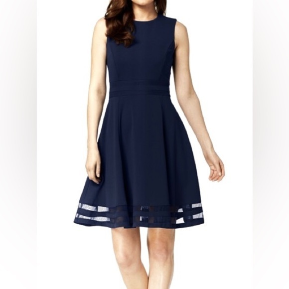 Calvin Klein navy blue lace illusion trim fit & flare sheath dress size 8 petite - Picture 3 of 5